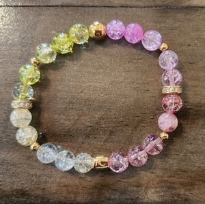 Rustic Cuff Crackle Crystal Bead Stretch Bracelet in Pink, Yellow and Clear
